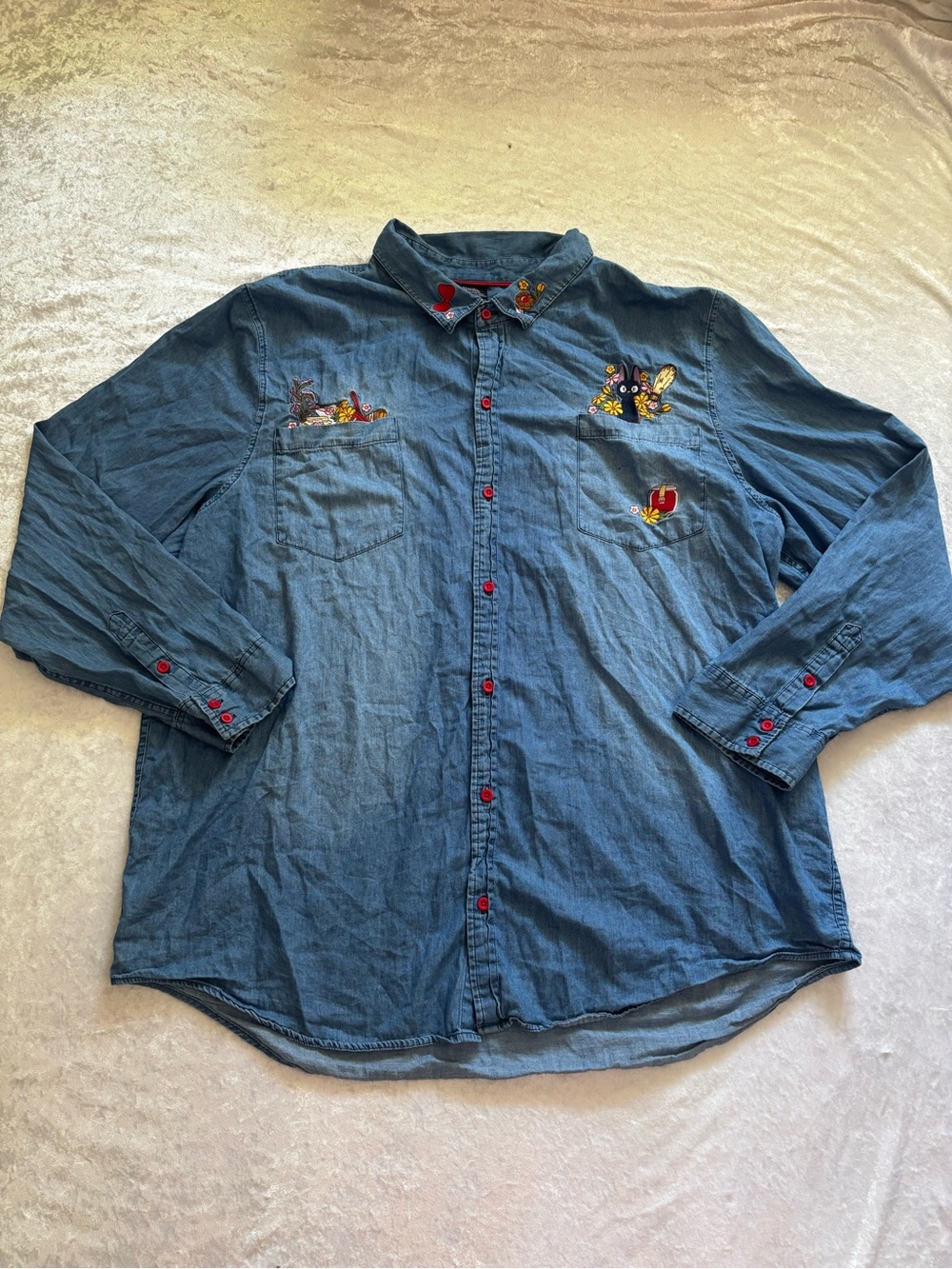 Her Universe Blue Denim Button-Down Shirt with Red Accents